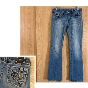 Miss Me Blue Fleur-de-lis Embroidered Boot Cut Long Jeans